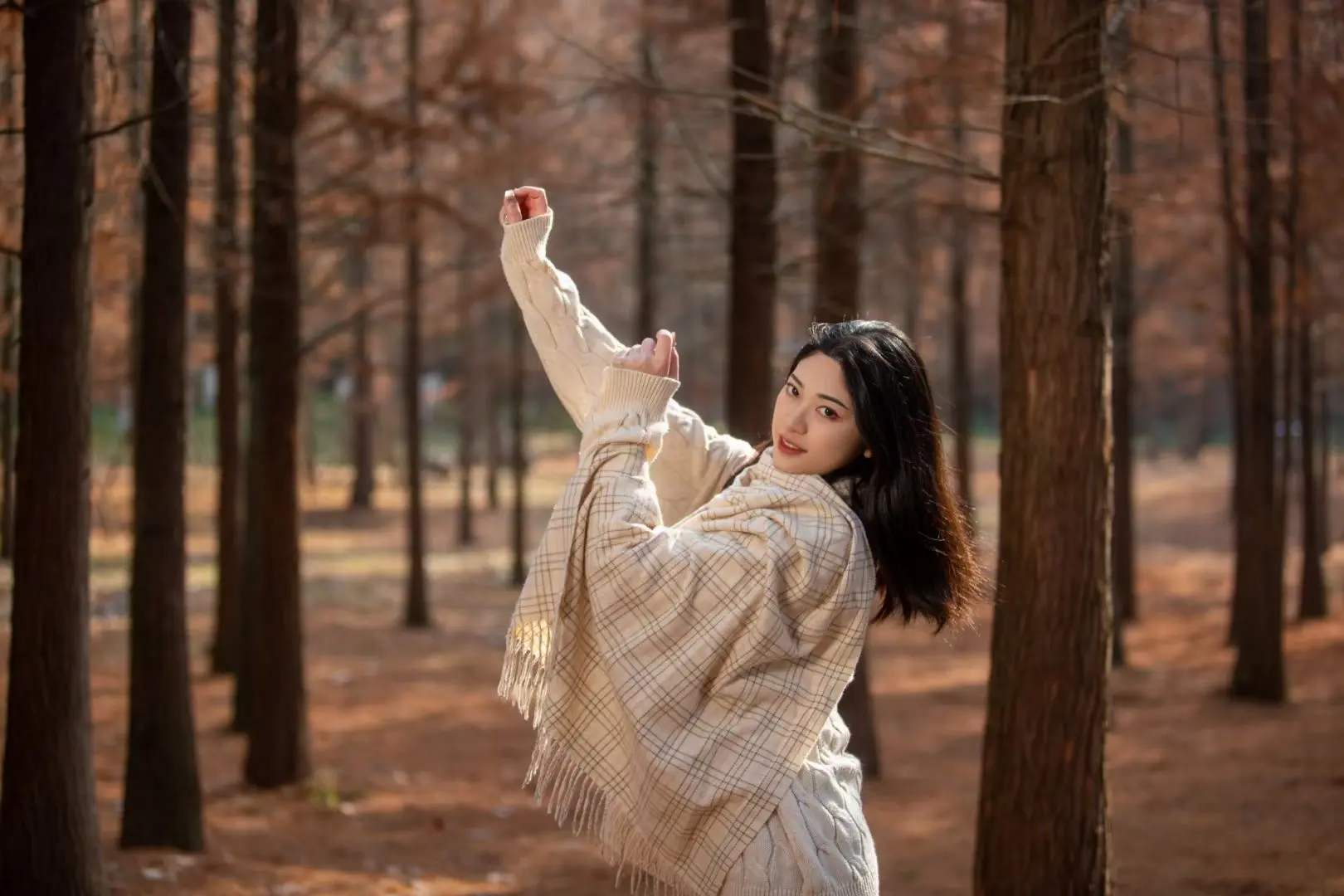 A woman in warm winter light among tall trees